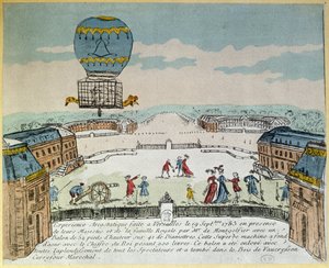 Eksperyment w Wersalu braci Montgolfier z lotem balonu na ogrzane powietrze Montgolfiere z koguta, kaczki i owcy 19 września 1783 r. autorstwa French School
