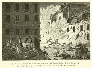 Eksplozja piekielnej maszyny, rue Saint-Nicaise, 3 Nivose, rok IX, faksymile ryciny z czasu przekazanej przez MA Bonnardota autorstwa French School