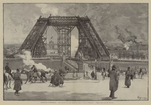 Exposition Universelle, obecny stan wieży Eiffla, widok z parku Trocadero (rycina) autorstwa French School