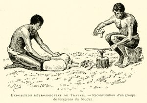 Retrospektywna wystawa Pracy, rekonstrukcja grupy kowali z Sudanu (grafika) autorstwa French School