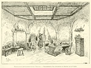 Retrospektywna wystawa Pracy, rekonstrukcja laboratorium aptekarza w XVII w. (grafika) autorstwa French School