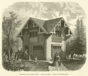 Wystawa powszechna 1867, tyrolska chata (rycina) autorstwa French School