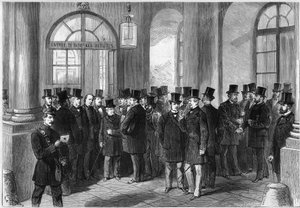 Przedłużenie prezydenckiej kadencji marszałka Mac-Mahon (Mac Mahon), ustanowienie septennatu we Francji, listopad 1873: widok drzwi wejściowych Zgromadzenia Wersalskiego, w dniu dyskusji nad prorogacją. Od lewej do prawej autorstwa French School