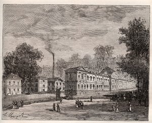 Widok z zewnątrz na Imperiale Fabrykę Porcelany w Sevres, wybudowaną w parku Saint Cloud według planów architekta Laudina - rycina w „Ilustracja Francji: geografia, historia, administracja statystyczna” autorstwa V.-A. Słodowo-Brązowy. 1884 autorstwa French School