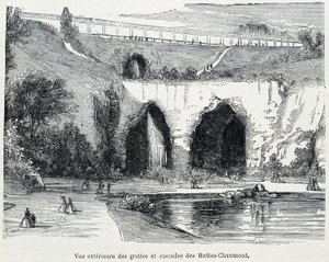 Zewnętrzny widok na kaskady i jaskinie Buttes Chaumont, rycina z XIX wieku autorstwa French School