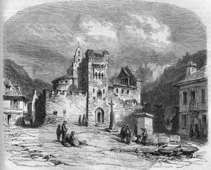 Widok z zewnątrz na kościół św. Andrzeja (kościół templariuszy), ufortyfikowany w XIV wieku. Luz święty Zbawiciel (Luz-Saint-Sauveur), Hautes Pyrenees (65) autorstwa French School