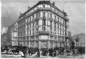 Widok z zewnątrz na nowe sklepy Printemps w Paryżu, w dniu inauguracji „Wiedeńskich Wind” w 1874 r. Grawer w „Le Monde Illustré” nr 885 z 28 marca 1874 r. autorstwa French School