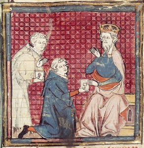 F.117r Posłańcy opowiadający Karolowi Wielkiemu o zwycięstwie nad Saracenami, z Grandes Chroniques de France, 1375-79 autorstwa French School