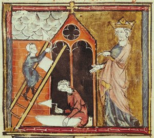 F.235v Król Ludwik VI (1080-1137) Oglądanie budowy kościoła, z Grandes Chroniques de France 1375-79 autorstwa French School