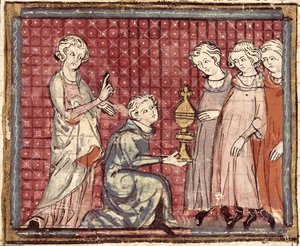 F.29r Podział Królestwa po śmierci Clotaire I (497-561), z Grandes Chroniques de France 1375-79 autorstwa French School