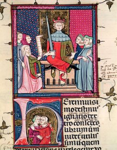 F.39r Prawo małżeńskie, cudzołożna żona pojawiająca się w sądzie, z Justiniani w Fortiatum autorstwa French School