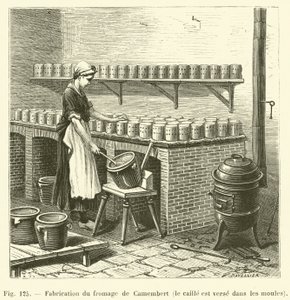 Produkcja sera Camembert, przepiórka wlewana jest do foremek (grawerowanie) autorstwa French School
