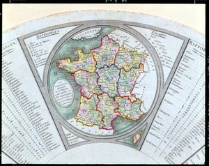 Wachlarz przedstawiający mapę Francji podzieloną na 9 regionów, 10 metropolii i 83 departamenty, 1790