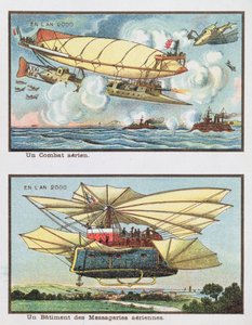 Fantazyjne przedstawienia bitwy powietrznej i samolotu do przewozu towarów w 2000 r., ok. 1910 r. autorstwa French School