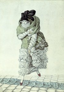 Tabliczka modowa przedstawiająca damę przechodzącą przez strumień ścieków, 1811 (kolorowe grawerowanie) autorstwa French School