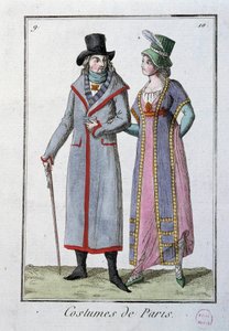 Moda pod dyrekcją: para eleganckich paryżan. Anonimowa litografia z 1795 r. Paryż, muzeum kostiumów autorstwa French School