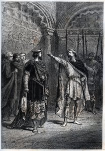 Reżim feodalny: „Kto uczynił cię królem? „” : Audebert (Adalbert), hrabia Perigord (968-995), zuchwale odpowiada królowi Hugues Capet (938-996), który zapytał go, kto go zmusił do liczenia - Grawerowana opona „Histoire de France” Guizota autorstwa French School
