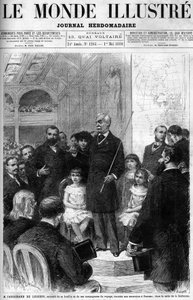 Ferdinand de Lesseps jest otoczony rodziną i towarzyszami podróży, opowiadając swoją podróż do Panamy w Salle de la Sorbonne. Okładka „Prześwietnego świata” z 1880 roku. autorstwa French School