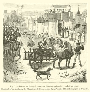 Ferrant Portugalii, hrabia Flandrii, więzień, wywieziony do Luwru, Faksymile miniatury z Chroniques de Hainaut, ms z XV w., Biblia de Bourgogne, Bruksela autorstwa French School