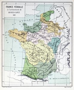 Francja feudalna w czasie wstąpienia Hugues Capet w 987, mapa ilustrowana w Histoire de France c.1880