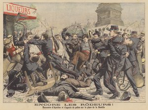 Walka między Apaczami a policją na Place de la Bastille w Paryżu (kolorowa litografia) autorstwa French School