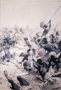 Walka między Zulusami a angielskimi żołnierzami, ok. 1878 (akwarela na papierze) autorstwa French School