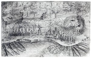 Walka z Huronami, z "Voyage de Champlain in 1624" Samuela de Champlaina (1567-1635) autorstwa French School