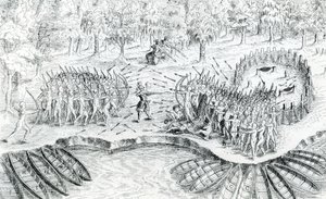 Walka z Huronami, z Voyage de Champlain w 1624 Samuel de Champlain, 1567-1635 autorstwa French School
