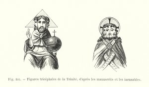 Trójgłowe figury Trójcy, z rękopisów i inkunabułów (rycina) autorstwa French School