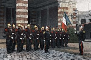 Strażacy z Paryża. Pozdrówcie flagę. w „”Album wojskowy scena z życia żołnierza, strażaków paryskich”” 1892. autorstwa French School