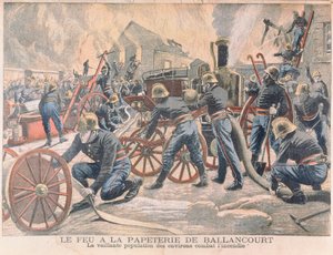 Strażacy walczący z ogniem w papierni w Ballancourt, z Le Petit Journal, 1905 autorstwa French School