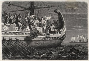 Pierwsza wojna punicka - Publius Claudius Appius Pulcher (zmarł ok. 240 rpne) przed bitwą pod Drepanum (249 rpne) wyrzuca święte kurczaki do morza - Pierwsza wojna punicka - Bitwa pod Drepaną - Publius Claudius Appius Pulcher przed bitwą pod Drepanum thro autorstwa French School