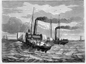 Pierwsza próba instalacji przewodnika elektrycznego z Dover do Calais (1851) - w „Albumie nauki”; wybitni naukowcy; Wielkie odkrycia”” 1896. autorstwa French School