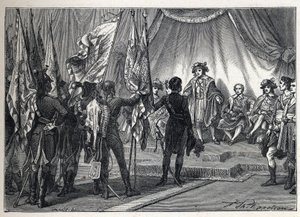 Pierwsza koalicja: Joachim Murat (1767-1815) przekazuje Zarządowi flagi zdobyte przez armię francuską pod dowództwem Napoleona Bonaparte podczas kampanii włoskiej. Rycina z 1889 r. Ze zbiorów prywatnych. autorstwa French School