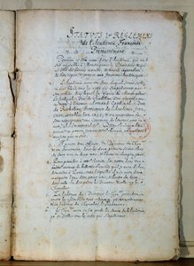 Pierwsza strona statutu Akademii Francuskiej, 1635 (tusz na papierze) (patrz także 179947) autorstwa French School