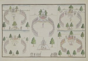 Pięć hinduskich kultów: Shiva, Krishna, Vishnu, Brahma i Mother Goddess z The Gentil Album, opublikowanego w 1774 roku autorstwa French School