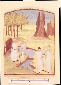 Pięć osób omawiających projektowanie ogrodów, z Livre des Prouffitz Champestres autorstwa Pietro de Crescenzi (1230-132021) autorstwa French School
