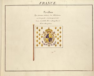 Flaga Delfina i Delfina, Ludwika Antoniego i Marii Teresy z Francji, z pawilonów mocarstw morskich, ok. 1815-30 (kolor grawerowany) autorstwa French School