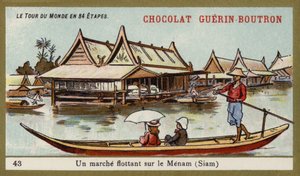Pływający targ na rzece Menam, Siam (chromolitho) autorstwa French School