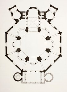 Plan piętra bizantyjskiego kościoła San Vitale z VI wieku w Rawennie we Włoszech, z epoki Les Arts au Moyen, opublikowany w 1873 r. autorstwa French School