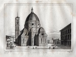 Katedra we Florencji - Widok na katedrę we Florencji (Duomo Santa Maria del Fiore). Kopuła została wykonana przez Filippo Brunelleschi ok. 1420-1436, Florencja, Włochy - Rycina z ""Włochy Malownicze"" - Tablica Historyczno-Opisowa Włoch" autorstwa M. de autorstwa French School