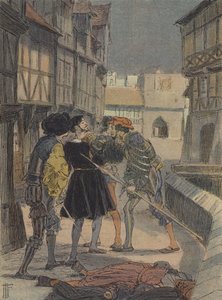 Florencki złotnik i rzeźbiarz Benvenuto Cellini otoczony i zagrożony przez grupę mężczyzn (kolorowa litografia) autorstwa French School