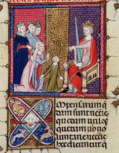 Fol.11v Dziecko i jej matka pojawiające się przed sędzią z Justiniani w Fortiatum autorstwa French School