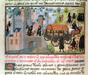 Fol.305v Jak Aleksander Wielki (356-323 pne) zmarł i został pochowany, z rękopisu Jeana Vauquelina, z Histoire du Grand Alexandre, 1460 autorstwa French School