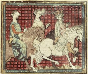 Fol.31r Chilperic I (543-97) i Fredegonde na koniu, z Grandes Chroniques de France, 1375-79 autorstwa French School