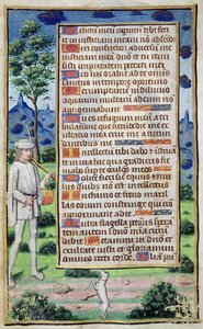 Fol.50v Strona tekstu z ramką przedstawiającą muzyka tańczącego psa, z „Heures de l