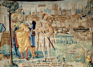 Fondation de la ville de Paris. Król Franciszek I (1494-1547) po powrocie z niewoli w 1527 r. postanowił założyć swoją stałą stolicę w Paryżu. Gobelin „Baśniowa historia Galów” wykonany przez warsztat Arras. 1530 Beauvais, oddział autorstwa French School