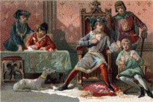 Aby odwrócić uwagę, król Francji Karol VI (1368-1422) grał w karty. Chromolitografia około 1890 r. autorstwa French School