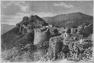 Twierdza Baniyas, z dzisiejszej Syrii. Podróżuje po Fenicji, Libanie i Judei. 1875-1880 Louis Charles Emile Lortet, 1884 (bw grawerowanie) autorstwa French School