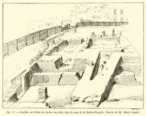 Wykopaliska w Palais de Justice w 1848, na dziedzińcu Sainte-Chapelle, Rys. M. Albert Lenoir autorstwa French School